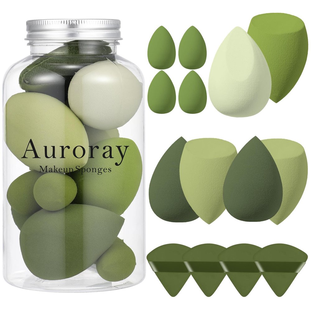 14 Pcs Makeup Sponge Set, Beauty Sponges Blender with 4 Pcs Powder Puff and 4 Pcs Mini Make up Sponges St. Patrick's Day Gift for Liquid,Foundation,Powder,Concealer,Cream (Green)