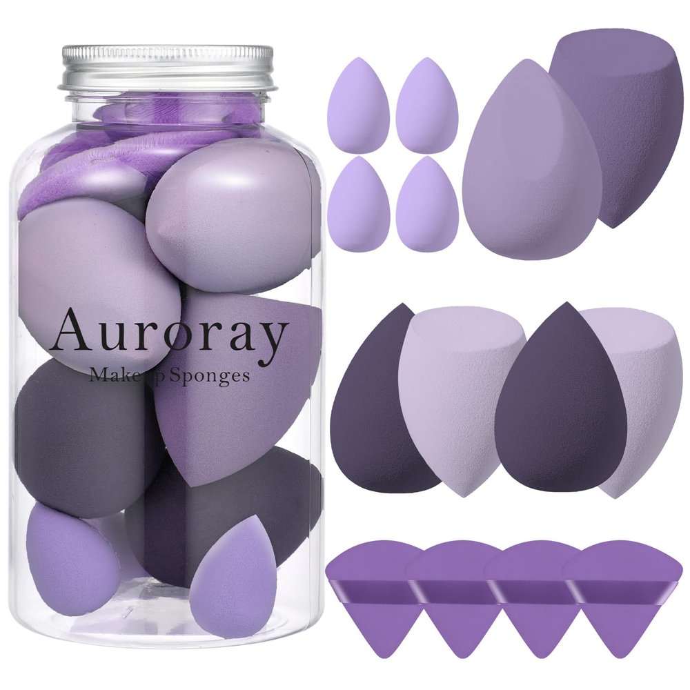 14 Pcs Makeup Sponge Set, Beauty Sponges Blender with 4 Pcs Powder Puff and 4 Pcs Mini Make up Sponges for Liquid,Foundation,Powder,Concealer,Cream (Purple)
