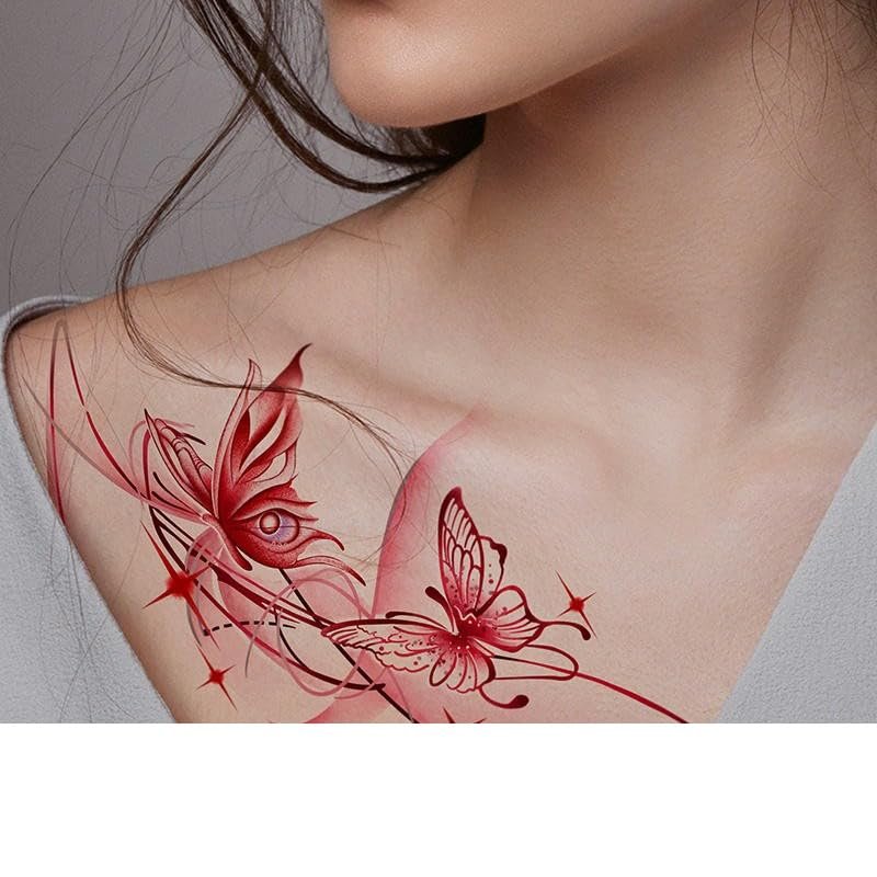 2 Butterfly Tattoo Stickers Temporary Tattoos Fake Tattoo On Thigh Waterproof For Women Long-Lasting Flower Arm Semi-Permanent Clavicle Red Sexy