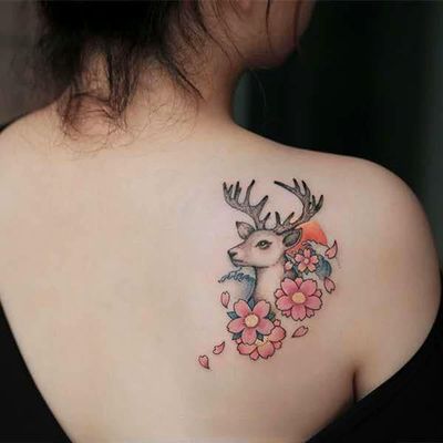 3 Sheets Of Tattoo Stickers Temporary Tattoos Fake Tattoo Waterproof Long-Lasting Cherry Blossom And Deer Back For Men And Women