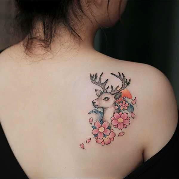 3 Sheets Of Tattoo Stickers Temporary Tattoos Fake Tattoo Waterproof Long-Lasting Cherry Blossom And Deer Back For Men And Women