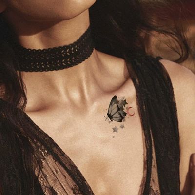 2 Pieces Of Black Butterfly Tattoo Stickers Temporary Tattoos Fake Tattoo For Wrist And Clavicle Waterproof Stickers For Women, Long-Lasting, Semi-Permanent For Men