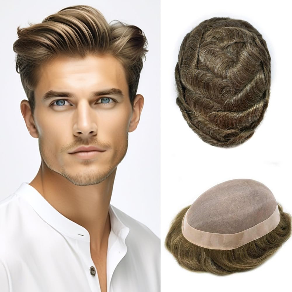 Toupee For Men Hair System Real Human Hair Piece For Men Durable Fine Mono Hair System For Mens Toupee Natural Hairline8x10Medium light to Medium density#1720 17# DARK ASH BLONDE+20% GREY