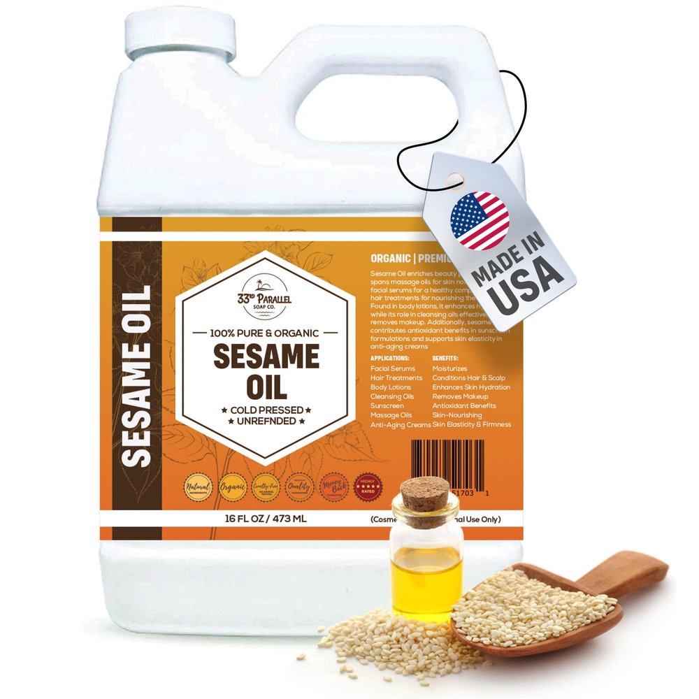 ORGANIC SESAME OIL (16 oz) Premium Cold Pressed Unrefined | 100% Pure Sesame Oil for Skin, Face, Hair, Soap Making | Carrier for Essential Oils | Available in Bulk | 16 FL OZ