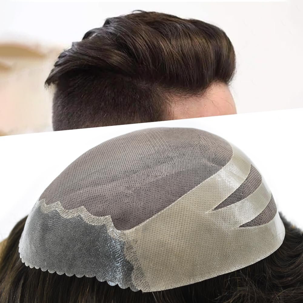 Durable Fine Mono Mens Toupee Natural Human Hair System for Men Pu Around Replacement Hairpieces 8"X10" Black Brown Medium Density Hair Prosthesis (#7 Very Light Brown)