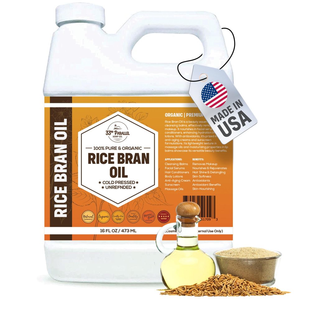 ORGANIC RICE BRAN OIL (16 oz) Premium Cold Pressed Unrefined | 100% Pure Rice Bran Oil for Skin, Face, Hair, Soap Making | Carrier for Essential Oils | Available in Bulk | 16 FL OZ