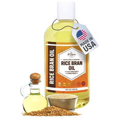 ORGANIC RICE BRAN OIL (8 oz) Premium Cold Pressed Unrefined | 100% Pure Rice Bran Oil for Skin, Face, Hair, Soap Making | Carrier for Essential Oils | Available in Bulk | 8 FL OZ