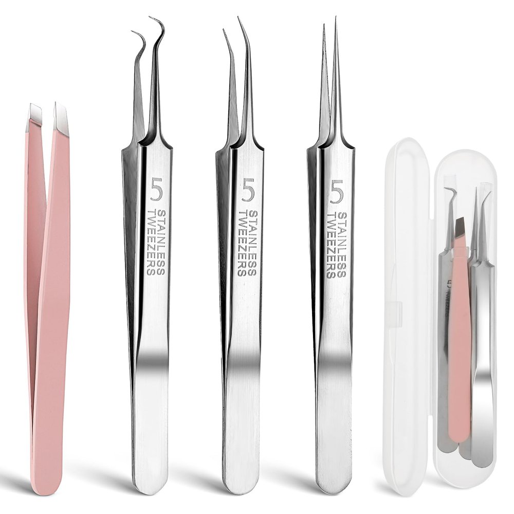 4 PCS Blackhead Remover Tool Include Blackhead Tweezers and Ingrown Hair Tweezers, Precision Blackhead Pimple Extractor for Pimple Whitehead Ance, Curved Tip Lash Tweezers for Eyelash Extension