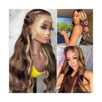 Wigs for Women Highlight Body Wave Lace Front Wig Human Hair Pre Plucked 13x4x1 T Part Lace Frontal Wig 4/27 Ombre 180% Density Brazilian Remy Hair Wigs for Women Human Hair ( Color : 4/27 180% , Size