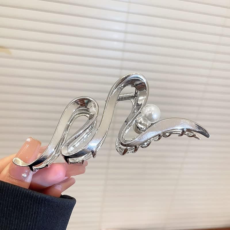 1Pc Silver Metallic Ribbon-Shaped Pearl Metal Hair Claw Clips,Large Hair Claw Nonslip Hair Barrettes Non-Slip No Broken Strong Hold Hair Clamps for Woman Hair Accessories