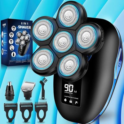 Electric Head Shaver for Bald Men, 6 in 1 Mens Electric Head Razor Bald Head Shaver Cordless Electric Razor Men, IPX7 Wet/Dry Waterproof Skull Shaver with Head Shaver Kit LED Display Blue