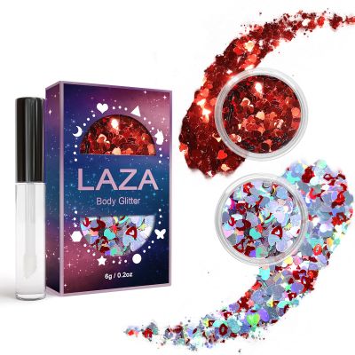Laza 2 Jars Body Glitter for Valentines Day Hair Accessories Heart Glitter Holographic Chunky Sequins with Glitter Glue for Women Makeup Face Paint Festival Rave Outfits Party Costumes- Colorful Love