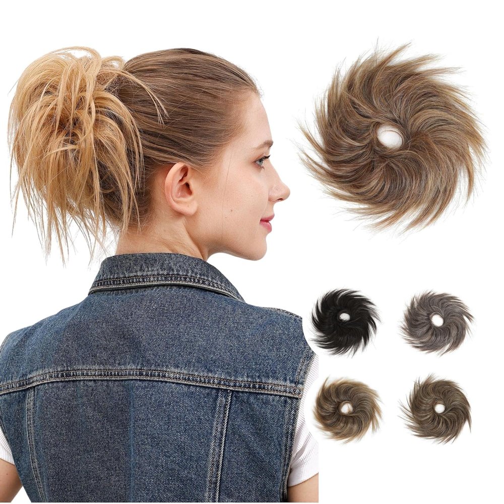 JuvaBun Reddish Blonde Tousled Messy Bun Hair Piece Curly Updo Hair Piece Scrunchie, Instantly Adds Volume, Quick Styling, Washable & Soft Natural Look_Reddish Bolnde