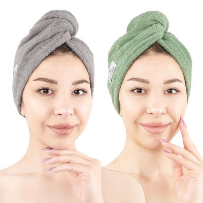 American Soft Linen 100% Cotton Hair Towels for Women, Head Towel Cap, Cotton Hair Turban Towel Wrap for Hair, Soft and Absorbent Cotton Hair Towels 2 Pack, Sage Green-Light Gray