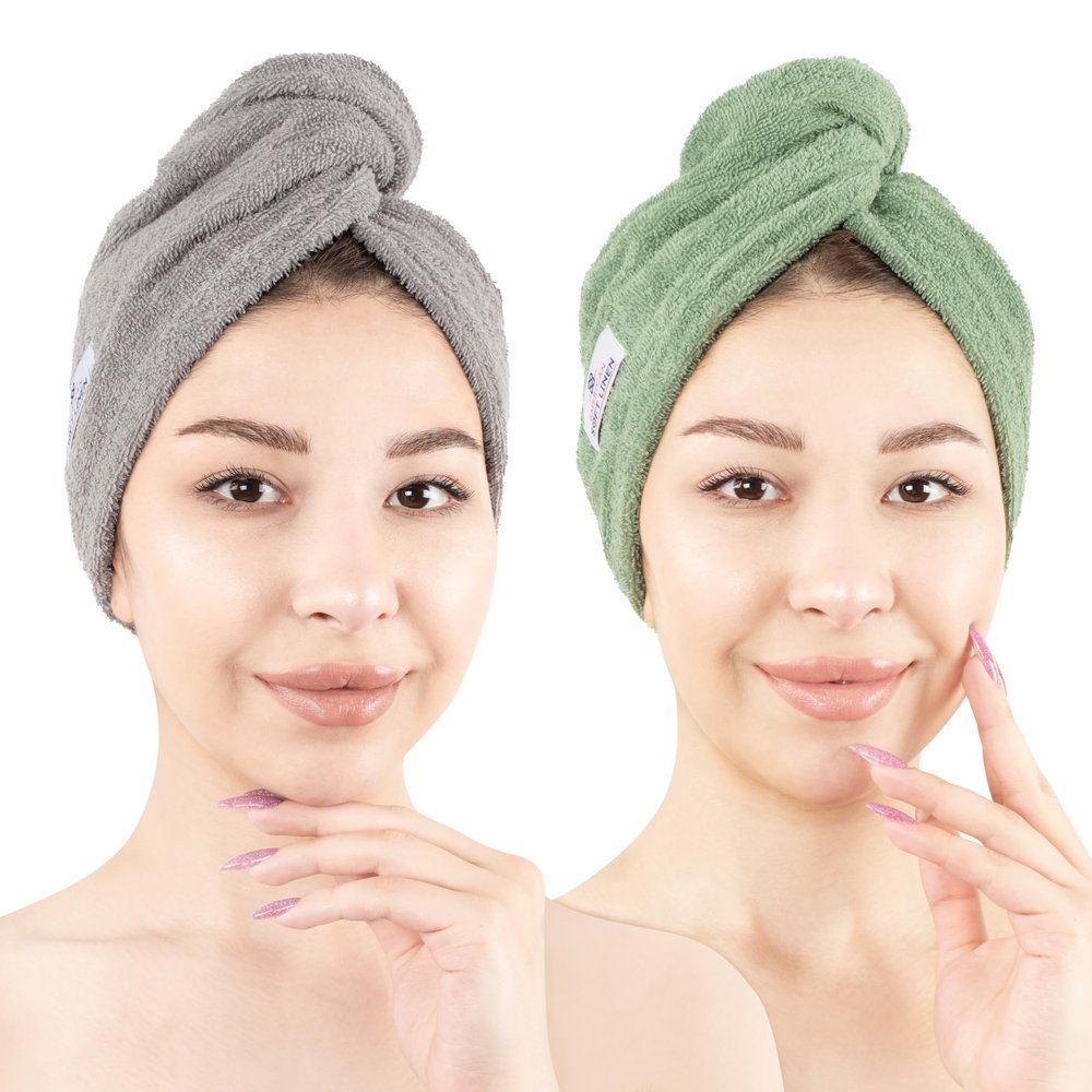 American Soft Linen 100% Cotton Hair Towels for Women, Head Towel Cap, Cotton Hair Turban Towel Wrap for Hair, Soft and Absorbent Cotton Hair Towels 2 Pack, Sage Green-Light Gray