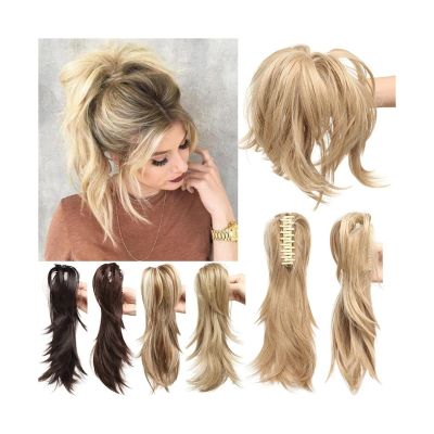Ponytail Extension Claw Clip Ponytail Hair Extensions Synthetic Bendable Metals Messy Bun Hair Piece 12 Inch Wavy Curly Fake Hair Ponytail Extensions Hairpiece for Women (Color : Bleach Blonde, Size