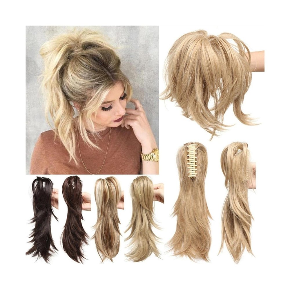 Ponytail Extension Claw Clip Ponytail Hair Extensions Synthetic Bendable Metals Messy Bun Hair Piece 12 Inch Wavy Curly Fake Hair Ponytail Extensions Hairpiece for Women (Color : Bleach Blonde, Size