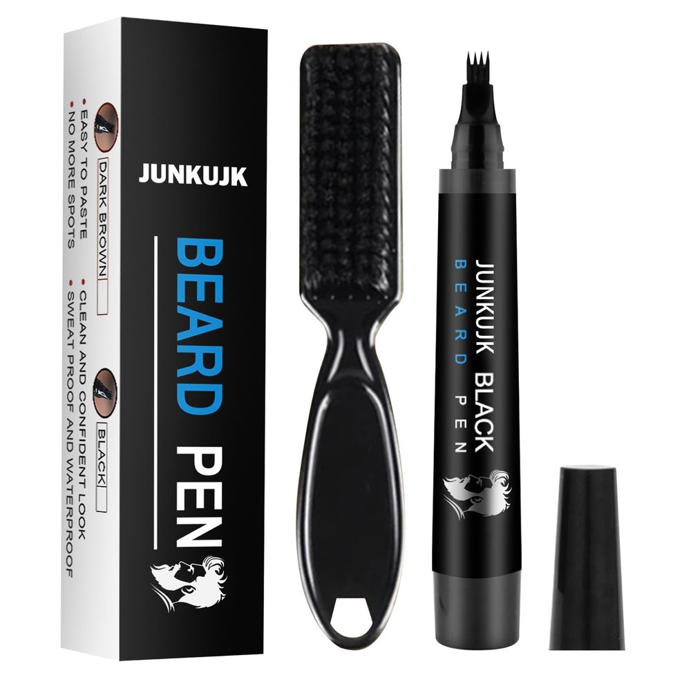 Beard Pencil Waterproof Beard Filler Pen Kit for Men - Long Lasting Coverage, 4 Tips, with Brush for Neat and Natural Thick Beard (Black)