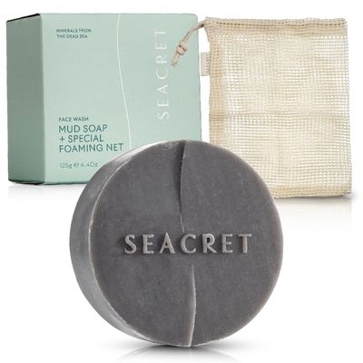 SEACRET Minerals Mud Soap Bar & Foaming Net, All-Natural Deep Sea Black Mud, Witch Hazel & Sea Salt for Cleaning, Exfoliating, Detoxifying Face & Body, Normal to Oily Skin, 4.4 Oz / 125 ml - Pack of 2