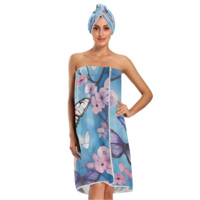 Bulletgxll Butterflies with White Flowers Women's Shower Wrap Towel Set of 3 Adjustable Spa Body Wrap Super Absorbent Bathrobe with Hair Towel & Headband