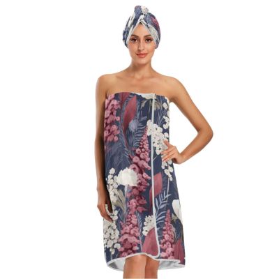 Bulletgxll Floral Pattern Women's Shower Wrap Towel Set of 3 Adjustable Spa Body Wrap Super Absorbent Bathrobe with Hair Towel & Headband