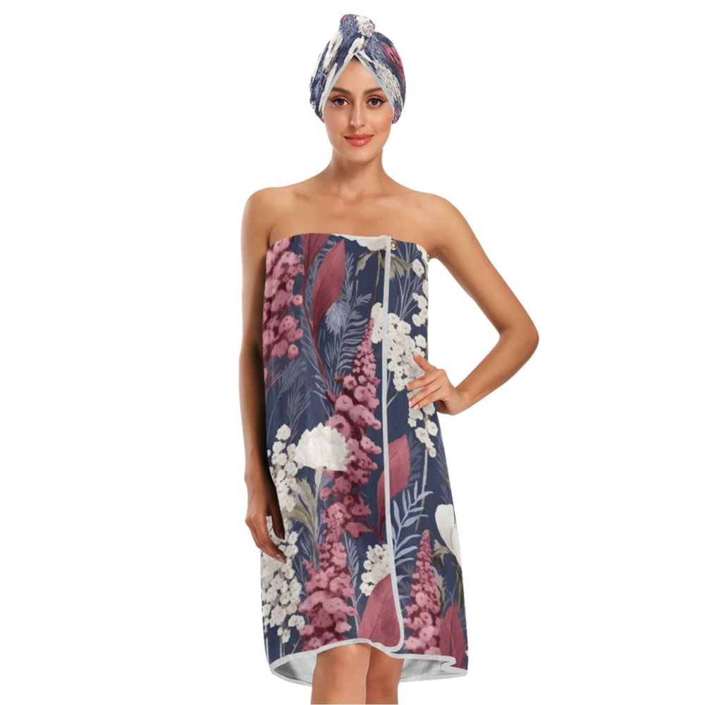Bulletgxll Floral Pattern Women's Shower Wrap Towel Set of 3 Adjustable Spa Body Wrap Super Absorbent Bathrobe with Hair Towel & Headband
