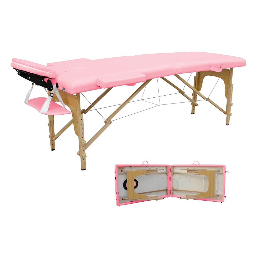 CMFTGDS Massage Table Massage Bed 84 Inches Long Portable 2 Folding Massage Spa Facial Cradle Salon Bed W/Carry Case (Pink)