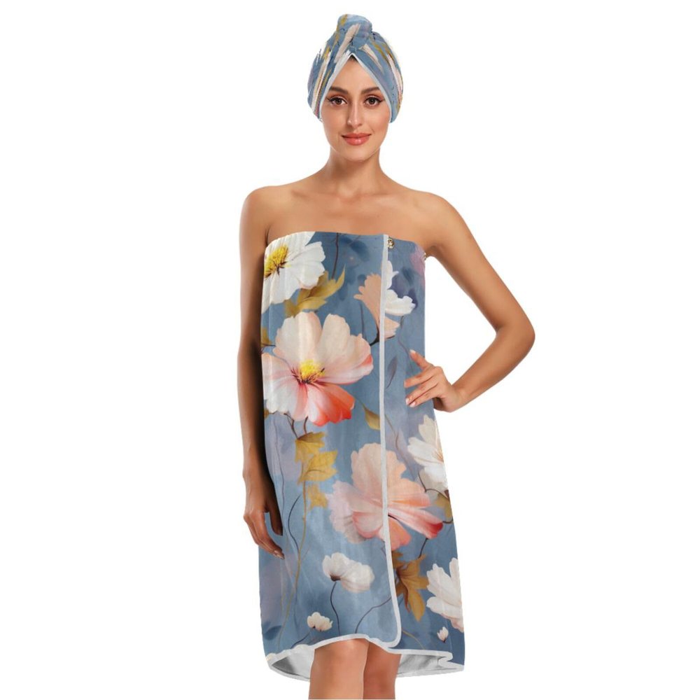 Bulletgxll Pink and White Flowers Women's Shower Wrap Towel Set of 3 Adjustable Spa Body Wrap Super Absorbent Bathrobe with Hair Towel & Headband