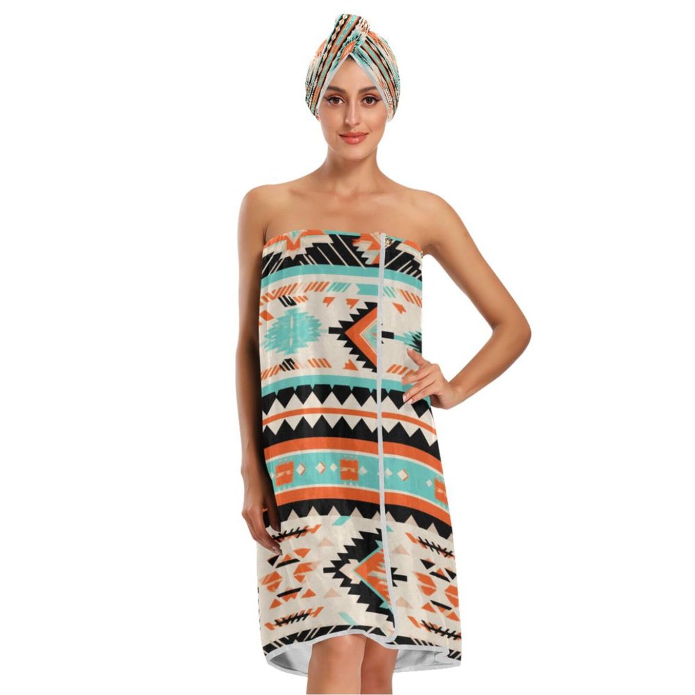 Bulletgxll Indian Art Pattern Women's Shower Wrap Towel Set of 3 Adjustable Spa Body Wrap Super Absorbent Bathrobe with Hair Towel & Headband