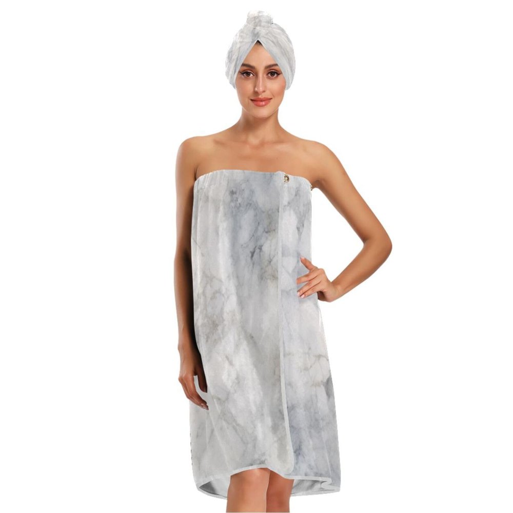Bulletgxll White Marble Women's Shower Wrap Towel Set of 3 Adjustable Spa Body Wrap Super Absorbent Bathrobe with Hair Towel & Headband