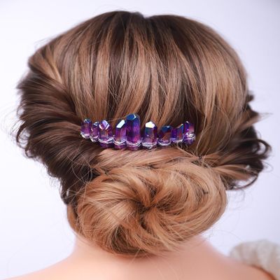 Teyglen Raw Crystal Quartz Hair Comb Clear Crystal Hair Side Comb Mermaid Rhinestone Hair Comb Sun Moon Goddess Headpiece Decorative Hair Accessories for Women Girls (Purple)