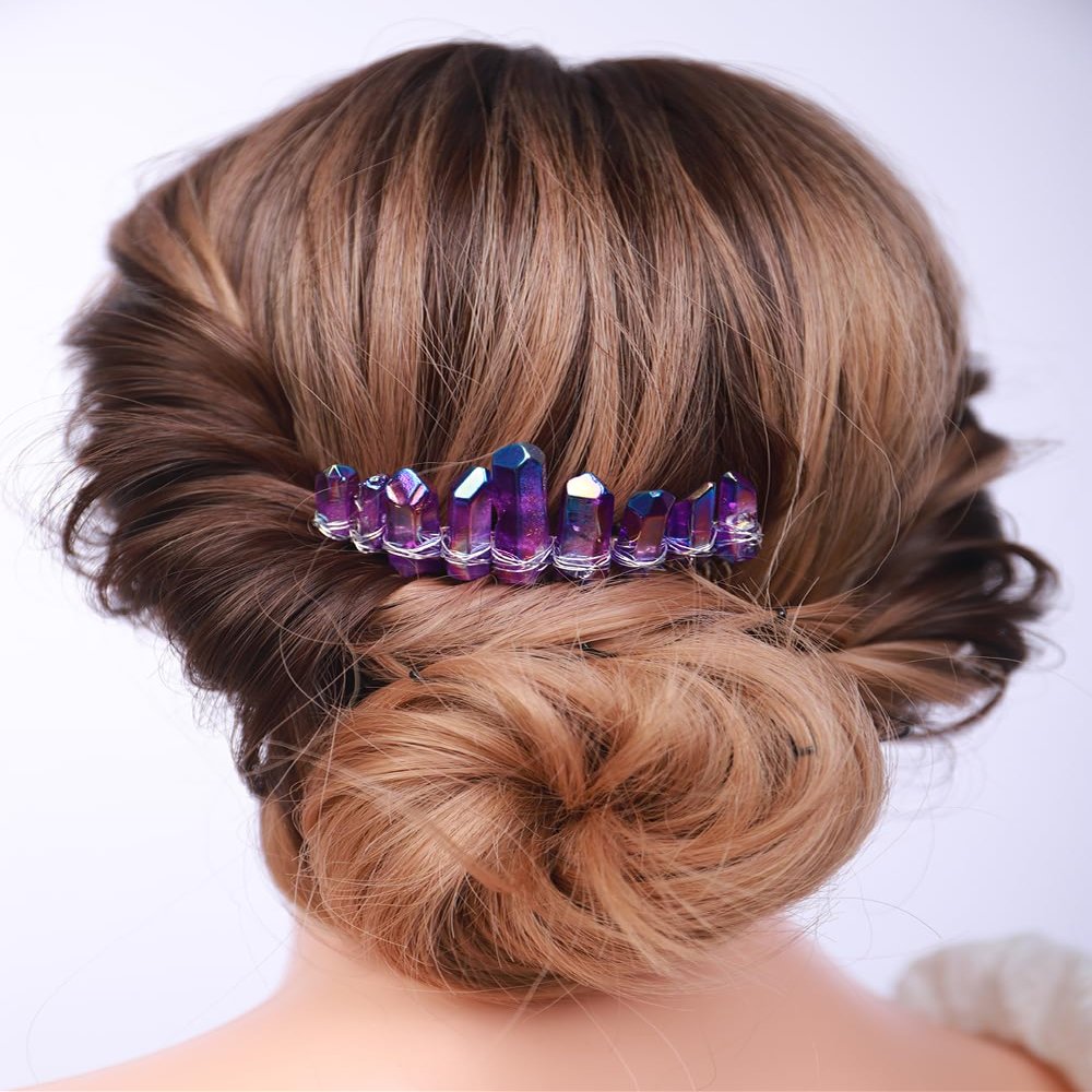 Teyglen Raw Crystal Quartz Hair Comb Clear Crystal Hair Side Comb Mermaid Rhinestone Hair Comb Sun Moon Goddess Headpiece Decorative Hair Accessories for Women Girls (Purple)