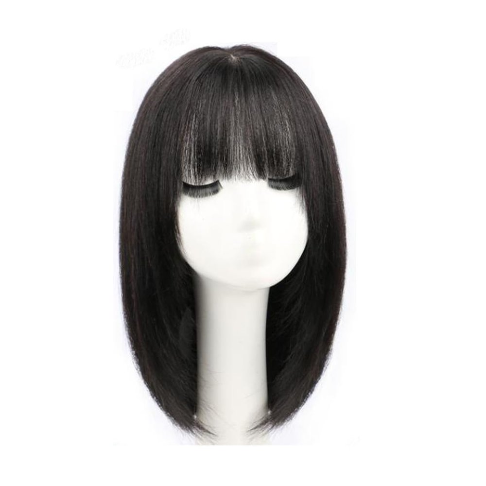 8 * 10 Natural Straight Human Hair Clavicular Hair Long One Piece for Woman for Hair Loss with Bangs Hair Toppers (Natural black,40cm/16inch)