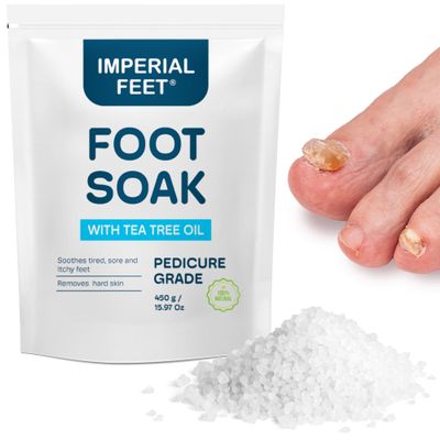Epsom Salt Foot Soak w Tea Tree for Foot Bath (PEDICURE GRADE) - Toenail Repair, and Fungus Athletes Foot, Softens Calluses, Tired Feet, Nail Discoloration Foot Soak Salts, Smelly Foot Therapy16oz