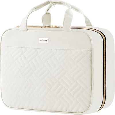 BAFAMYE 5.8L Travel Toiletry Bag for women - 2.1 GAL Water-resistant Makeup Cosmetic Bag Organizer With Hanging Hook for Travel Accessories Shampoo Full-size Container, Beige