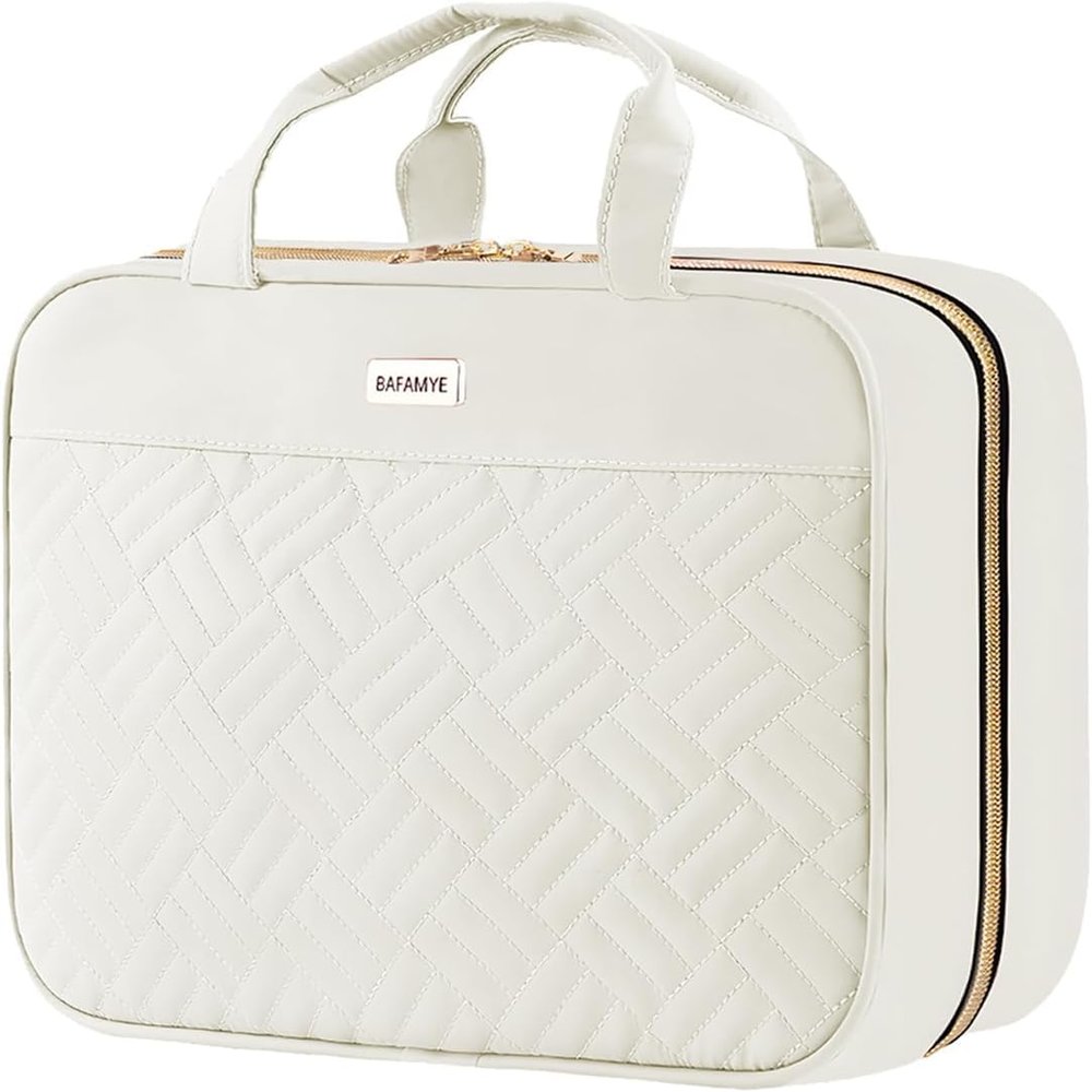 BAFAMYE 5.8L Travel Toiletry Bag for women - 2.1 GAL Water-resistant Makeup Cosmetic Bag Organizer With Hanging Hook for Travel Accessories Shampoo Full-size Container, Beige