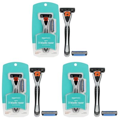 Amazon Basics 3-Blade Razor Cartridge, 3 Piece Set, Black | Motion Sphere | Dual Lubrication | Includes Handle | Pack of 3
