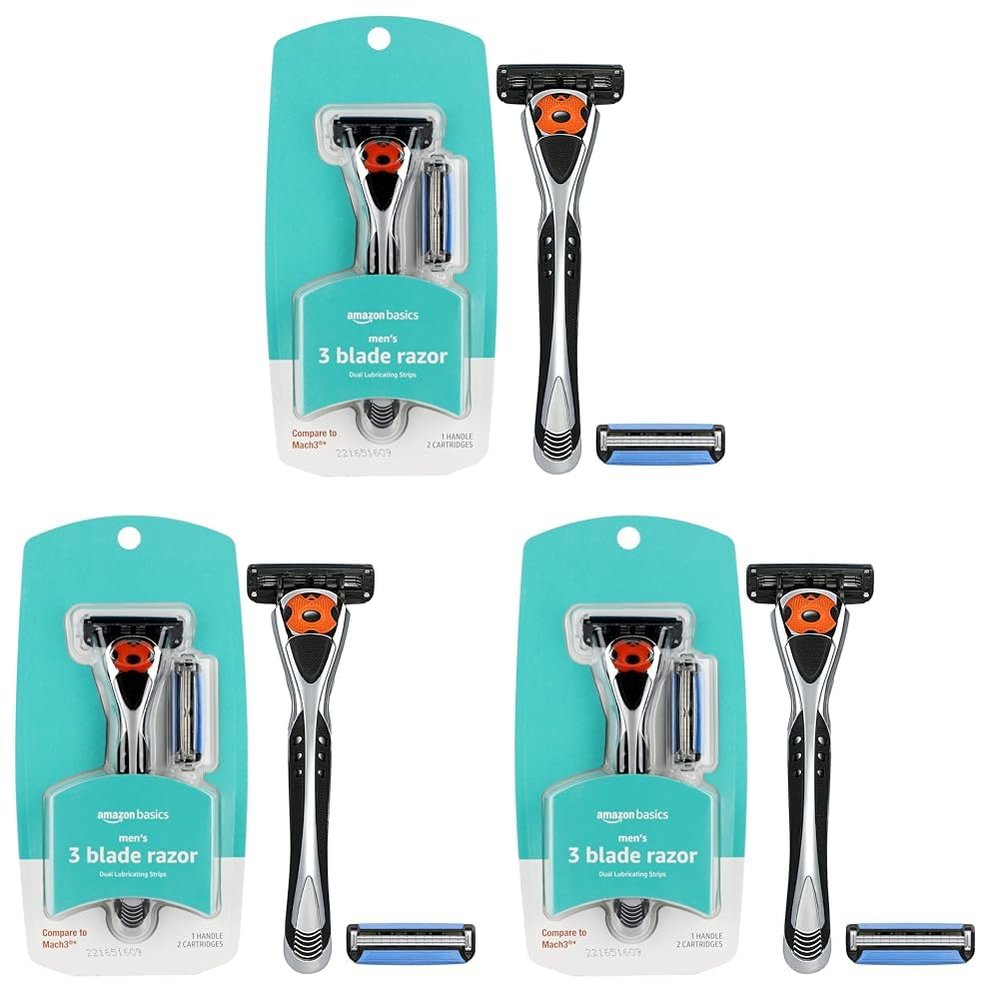 Amazon Basics 3-Blade Razor Cartridge, 3 Piece Set, Black | Motion Sphere | Dual Lubrication | Includes Handle | Pack of 3