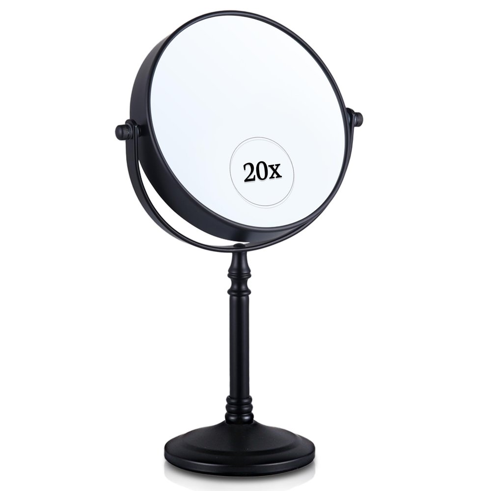 20X Magnified Makeup Mirror with Stand - Double Sided 20x and 1x Cosmetic Mirror for Make Up Desk, Dressing Table, Bathroom Countertop - 6" Wide & 12" Tall (Black)