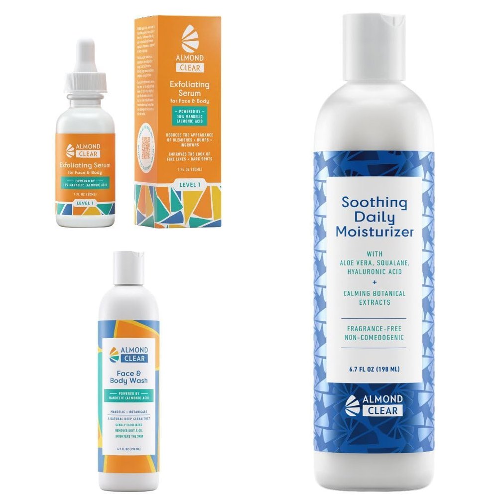 Almond Clear Normal & Dry Skin Kit | Skin Care Kit for Normal & Dry Skin, Acne & Folliculitis - Includes Face & Body Wash, Body Acne Serum, and Soothing Daily Moisturizer