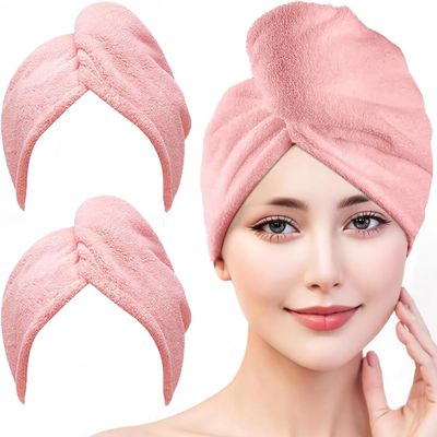 ADAGA 2 Pack Microfiber Hair Towel Wrap, Super Absorbent Twist Hair Turban Hair Wrap for Women Fast Drying Hair Drying Cap with Buttons,Long & Thick Microfibre Hair Towel (Pink)
