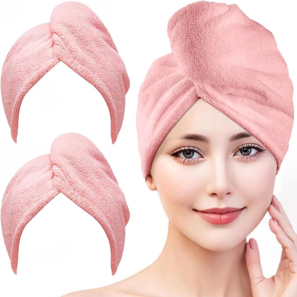 ADAGA 2 Pack Microfiber Hair Towel Wrap, Super Absorbent Twist Hair Turban Hair Wrap for Women Fast Drying Hair Drying Cap with Buttons,Long & Thick Microfibre Hair Towel (Pink)