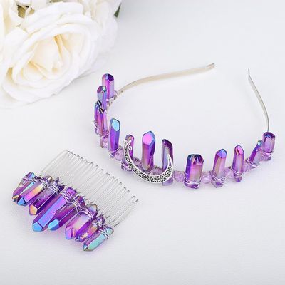 Teyglen Raw Crystal Quartz Headband Hair Comb Clear Crystal Headband Natural Stone Hair Hoop Band Moon Goddess Witch Headpiece for Women Girls Halloween Party (Purple)