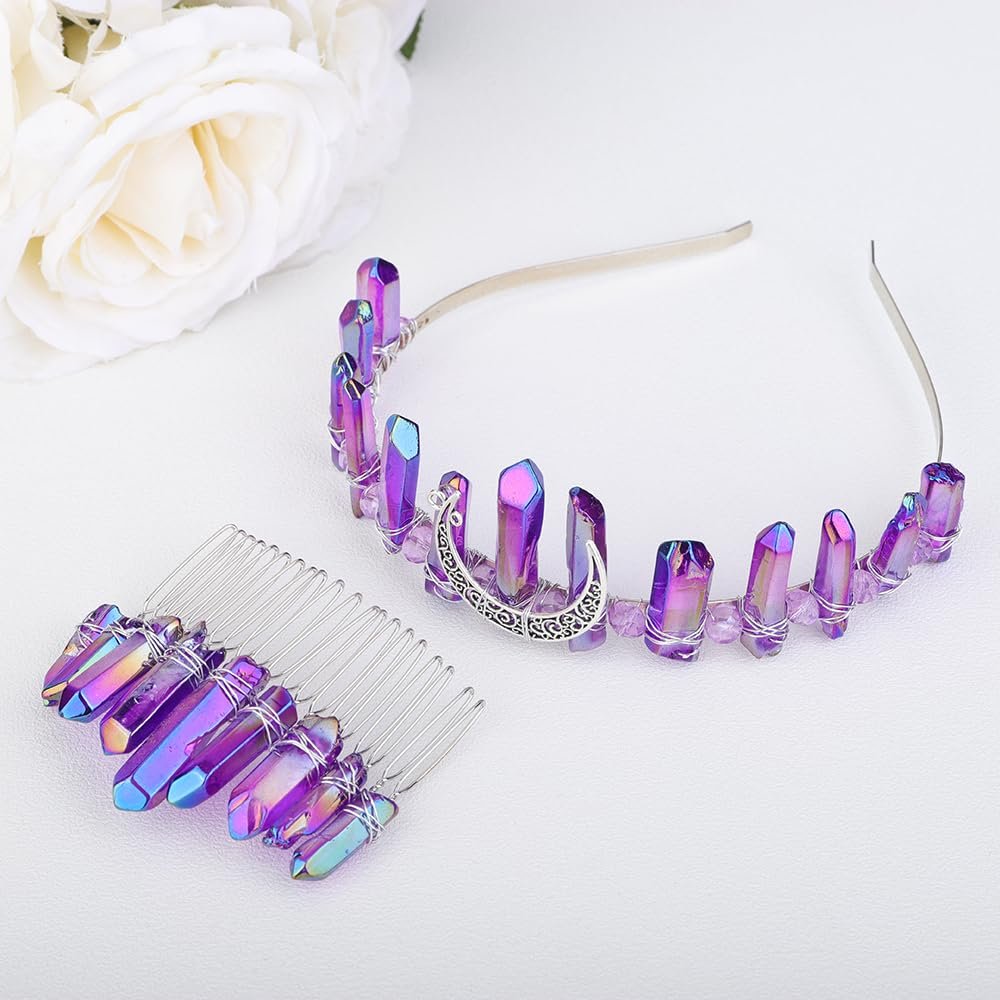 Teyglen Raw Crystal Quartz Headband Hair Comb Clear Crystal Headband Natural Stone Hair Hoop Band Moon Goddess Witch Headpiece for Women Girls Halloween Party (Purple)