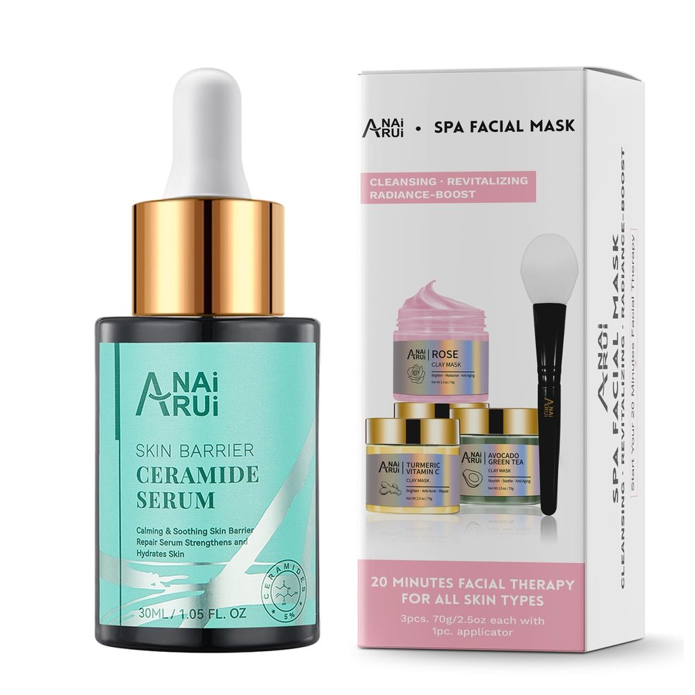 ANAI RUI SPA Mask Kit,Turmeric Vitamin C Mask,Rose Facial Mask-Avocado Green Tea Mud Mask+Ceramide Skin Barrier Serum,Skin Barrier Repair