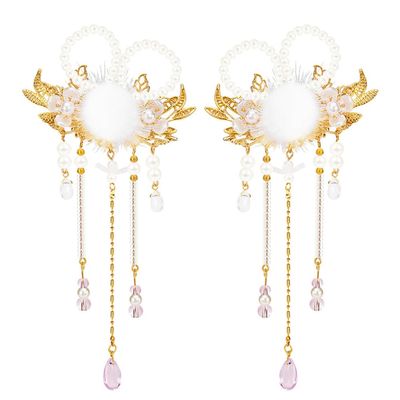 Angoily Rabbit Fur Ball Hair Clips with Pearls, Japanese Tassels, and Chinese Dangle Barrettes for Girls and Women