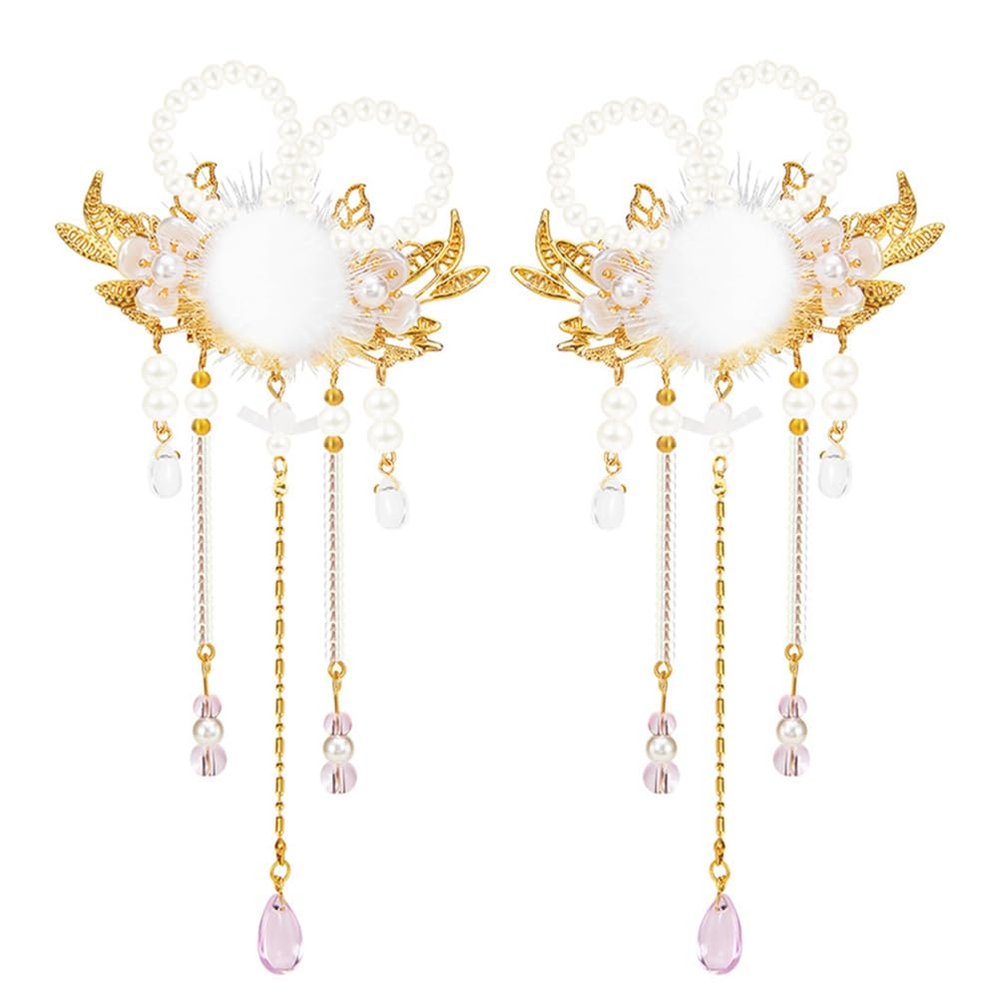 Angoily Rabbit Fur Ball Hair Clips with Pearls, Japanese Tassels, and Chinese Dangle Barrettes for Girls and Women