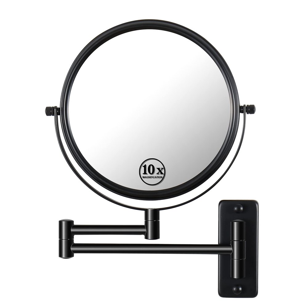 8-inch Wall Mounted Makeup Vanity Mirror, 1X / 10X Magnification Mirror, 360 Swivel with Extension Arm (Black)