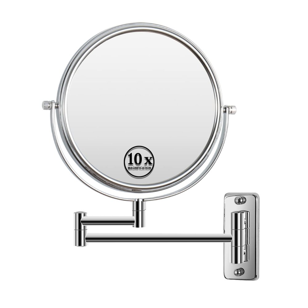 8-inch Wall Mounted Makeup Vanity Mirror, 1X / 10X Magnification Mirror, 360 Swivel with Extension Arm (Chrome Finish)