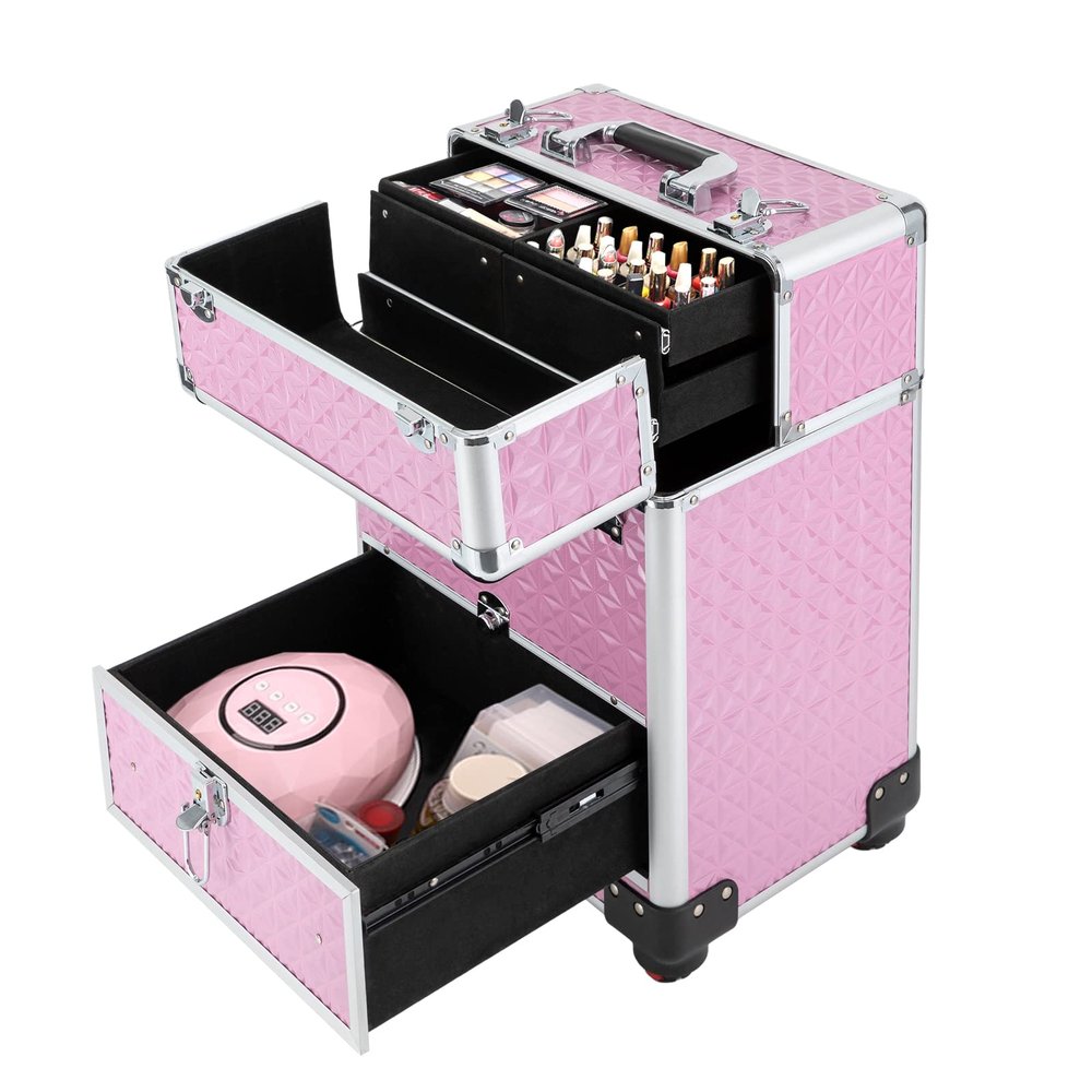 LUOSHALIYA Rolling Makeup Train Case, Wheeled Manicure Storage Case with Two Keys, Makeup Trolley Organizer for Storing Scissors, Makeup, Jewelry, Combs